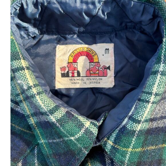 Vintage 1970 Saturdays in California Men Wool Shirt Blue Green Plaid Size Med - Picture 4 of 12